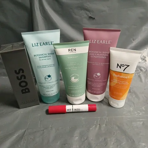 LOT OF 6 ASSORTED COSMETIC PRODUCTS TO INCLUDE N07 RADIANCE+ EXFOLIATING CLEANSER, BOSS AFTER SHAVE BALM, LIZ EARLE BOTANICAL SHINE SHAMPOO, ETC
