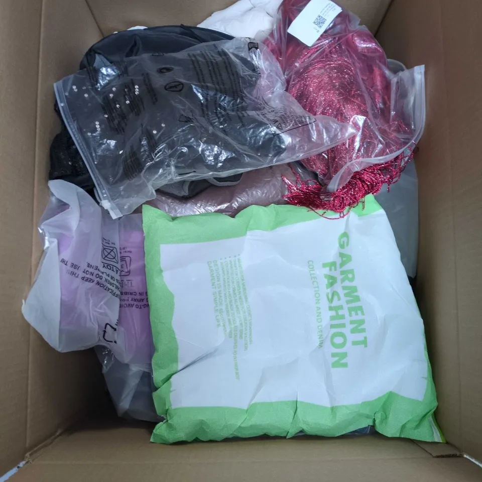 BOX OF APPROXIMATELY 15 ASSORTED CLOTHING ITEMS TO INCLUDE SIZE12 DRESS, GREY JOGGERS, BLACK HOODIE, BRALUX ETC