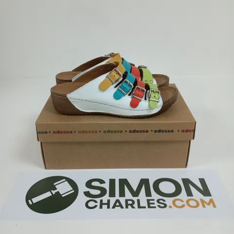 BOXED PAIR OF ADESSO OPEN TOES STRAPPY SHOES IN WHITE/MULTICOLOUR - SIZE 39