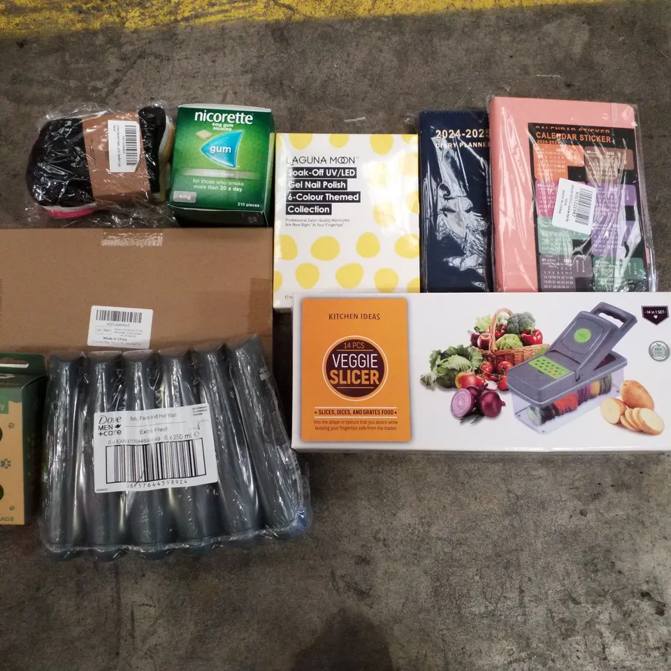 PALLET CONTAINING ASSORTED PRODUCTS INCLUDING VEGGIE SLICER, 2024-2025 DIARY PLANNERS, NICOTINE GUM, DOVE BODY WASH & DOG WASTE BAGS