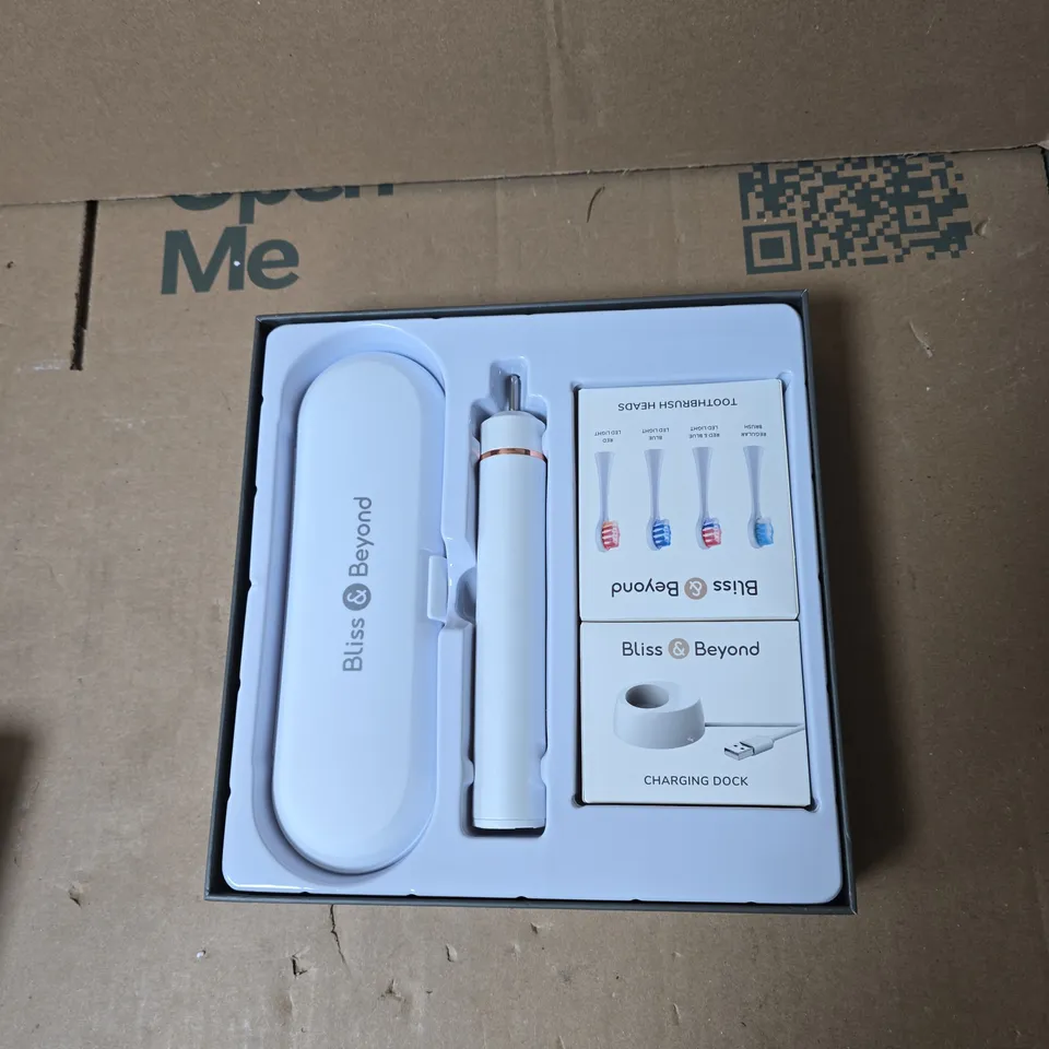 BLISS & BEYOND SONIC+LED ELECTRIC TOOTHBRUSH – WHITE, WITH 4 BRUSH HEADS & CHARGING DOCK