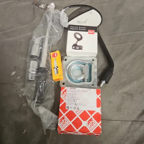 APPROXIMATELY12 ASSORTED VEHICLE PARTS & ACCESSORIES TO INCLUDE BILSTEIN STRUT MOUNTING, NGK SPARK PLUGS, WING MIRROR, ETC