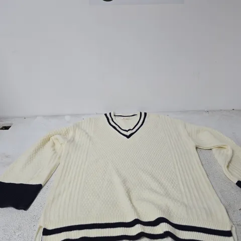 MONSOON CREAM KNIT JUMPER - V-NECK WITH NAVY STRIPE TRIM, SIZE UK M