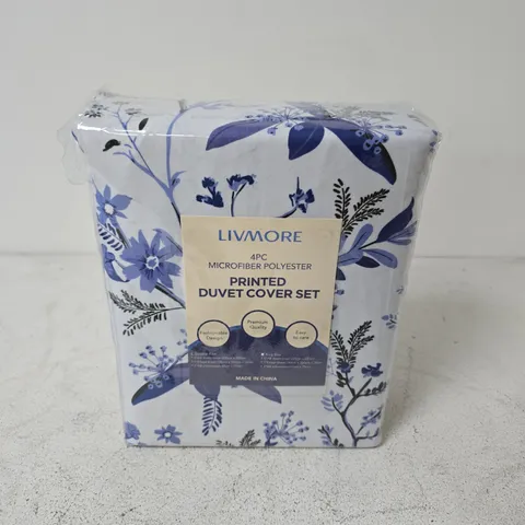 LIVMORE 4PC MICROFIBER POLYESTER FLORAL PRINTED DUVET COVER SET IN BLUE - DOUBLE
