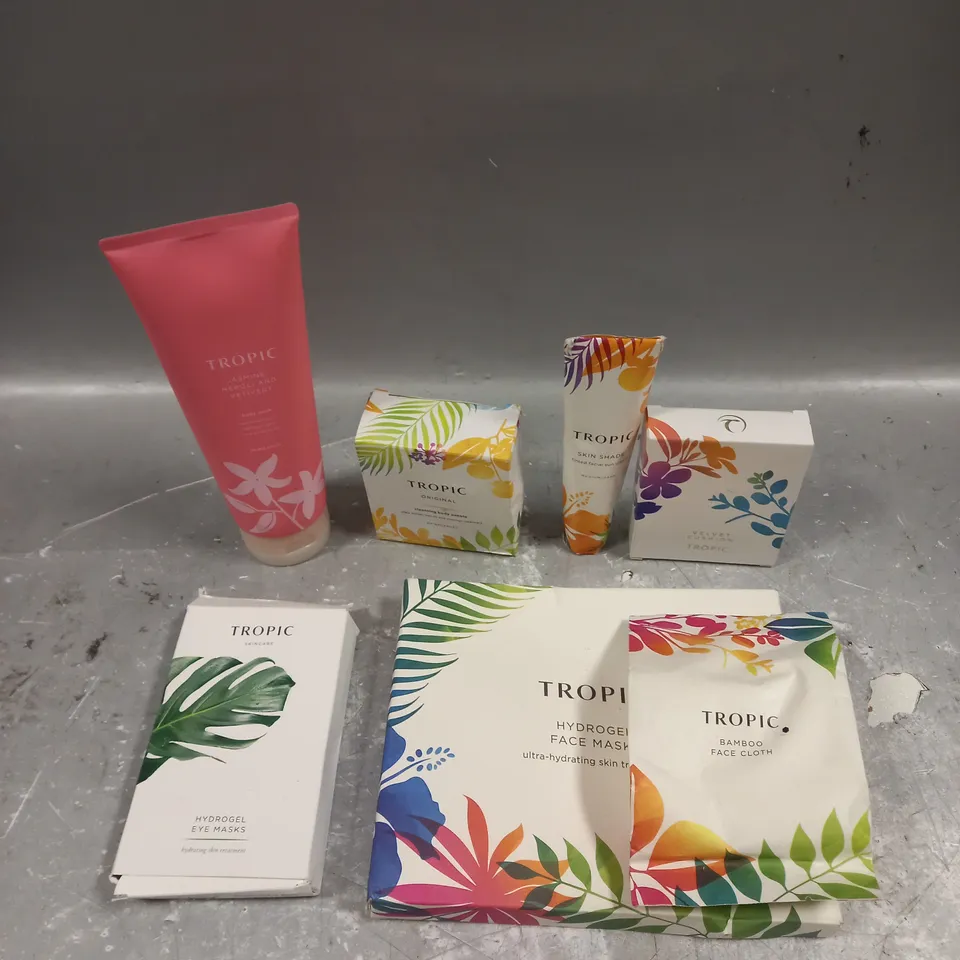 TROPIC SKINCARE LOT OF 7 PRODUCTS TO INCLUDE - HYDROGEL FACE MASKS - TINTED FACIAL SUN CREAM - CLEANSING BODY PEBBLE - ETC