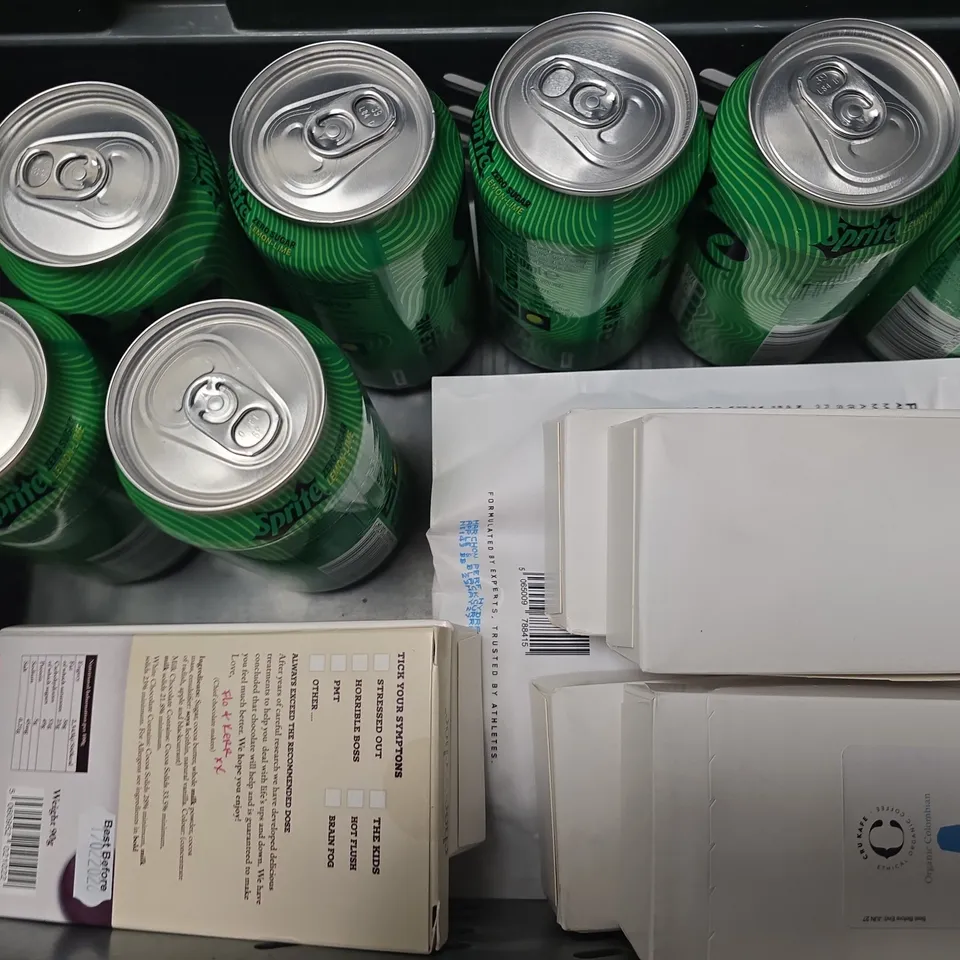 APPROXIMATELY 10 ASSORTED FOOD & DRINK ITEMS TO INCLUDE - SPRITE NO SUGAR , JERK SEASONING , CHOCOLATE PILLS ETC