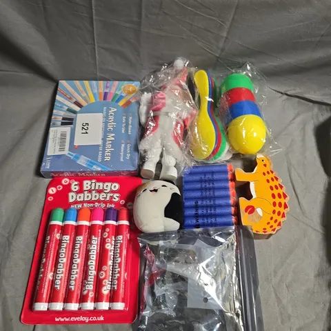 TOTE OF APPROX 5 ASSORTED TOYS AND GAMES TO INCLUDE BINGO DAPPERS, MARKER PENS ND TEDDIES