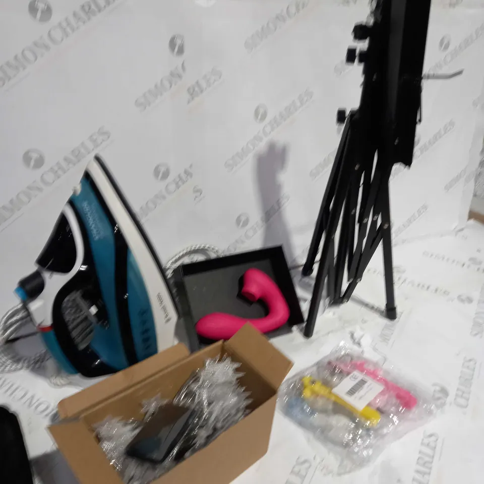 BOX OF APPROXIMATELY 5 ASSORTED ITEMS TO INCLUDE TRIPOD, IRON, SEX TOY ETC