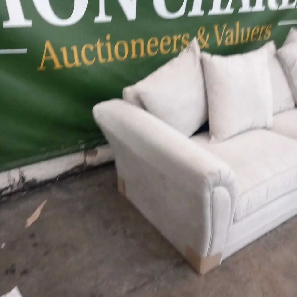 DESIGNER DURY BEIGE FABRIC THREE SEATER SOFA WITH SCATTER CUSHIONS