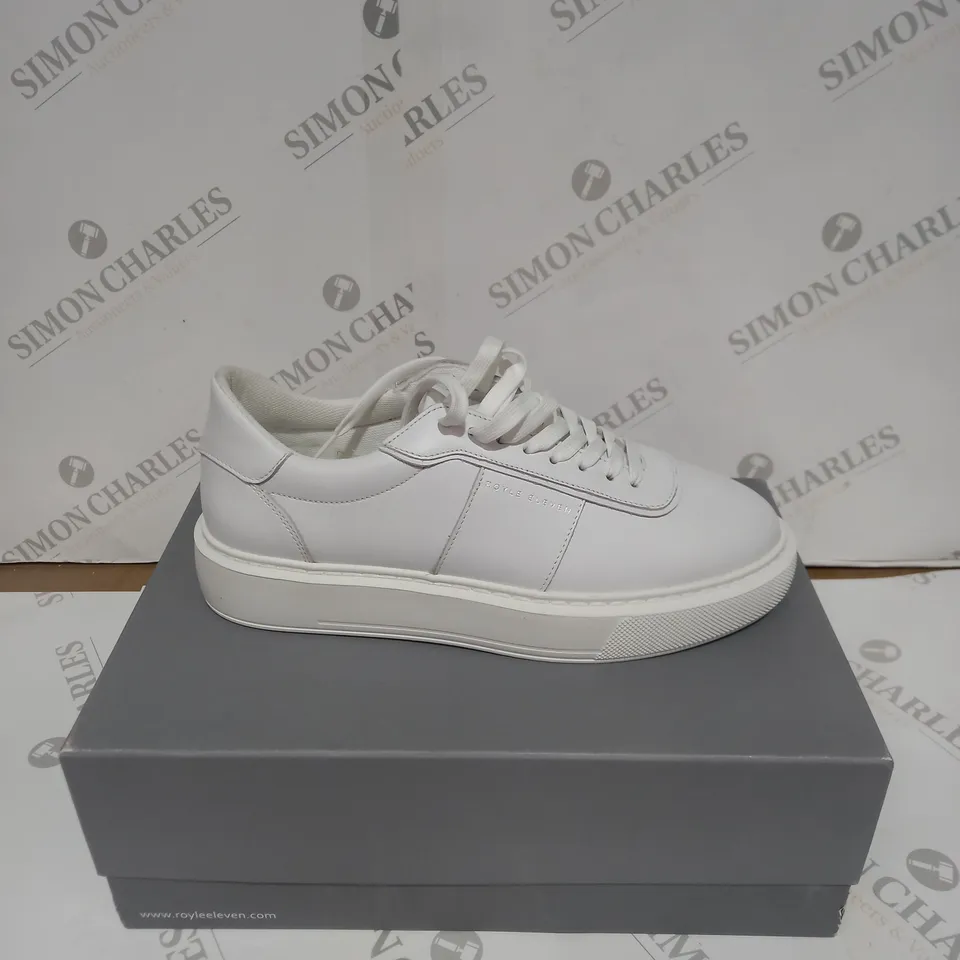 BOXED PAIR OF ROYAL ELEVEN OPO TRAINERS - WHITE, SIZE 8