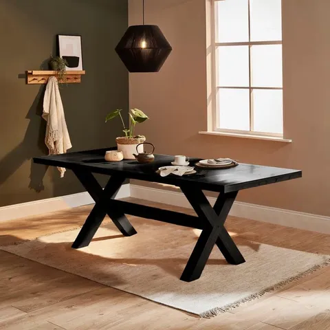 BOXED GRACELA CROSS LEG EXTENDABLE DINING TABLE - BLACK OAK (2 BOXES)