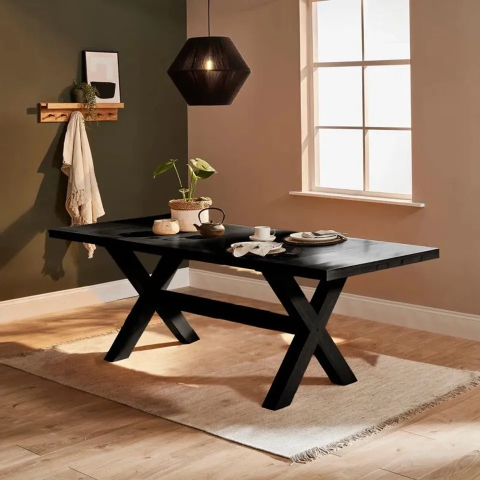 BOXED GRACELA CROSS LEG EXTENDABLE DINING TABLE - BLACK OAK (2 BOXES)