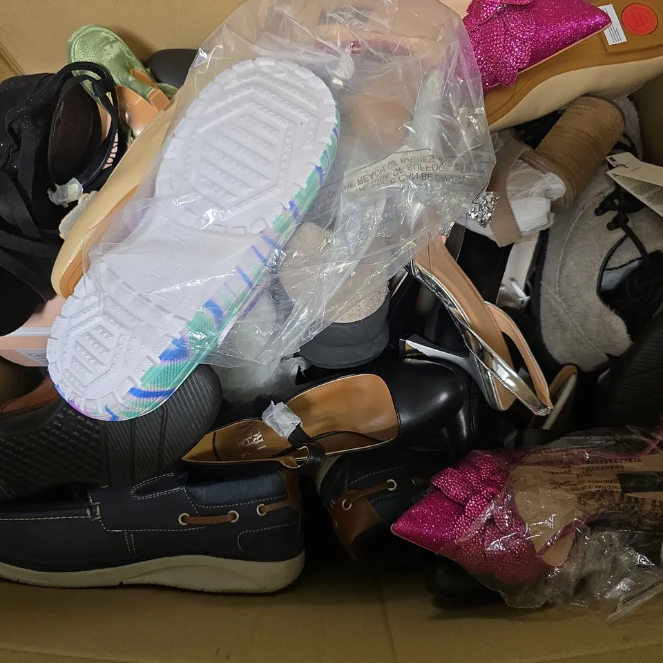 BOX OF APPROXIMATELY 12 PAIRS OF ASSORTED SHOES IN VARIOUS COLOUR, STYLES AND SIZES