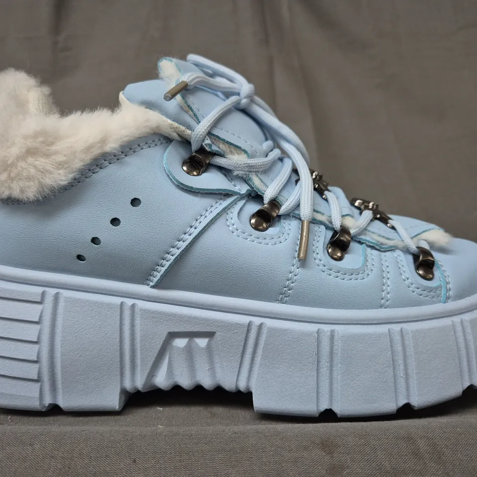 BOXED PAIR OF KOI GLACIAL BITES FLUFFY TRAINERS IN BABY BLUE UK SIZE 3