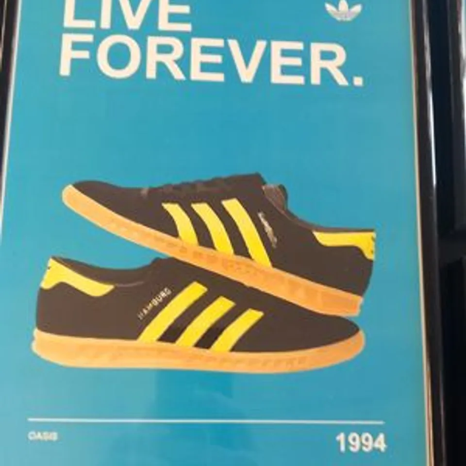 FIVE FRAMED ADIDAS CASUALS/MANCHESTER MUSIC SCENE INSPIRED PRINTS TO INCLUDE BLUE MONDAY/MANCHESTERS, LIVE FOREVER/HAMBURGS AND WONDERWALL/STOCKHOLMS