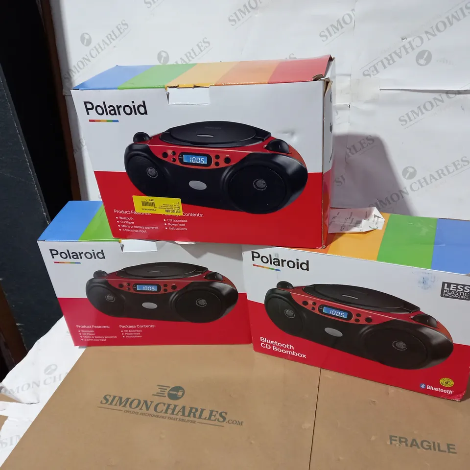 LOT OF 3 ASSORTED POLAROID BLUETOOTH CD BOOMBOXES (3 BOXES)