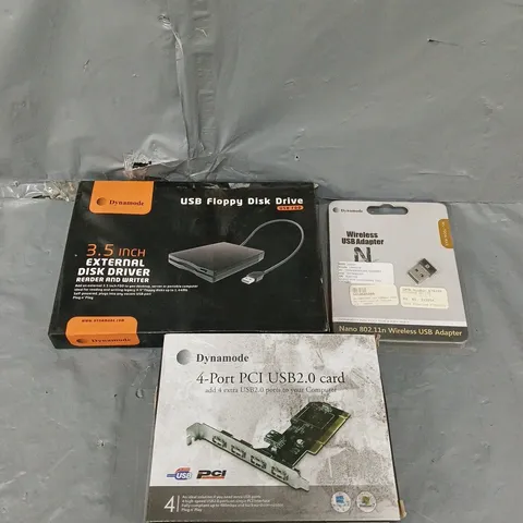 BOX OF ASSORTED ITEMS TO INCLUDE USB FLOPPY DISKS, USB CARDS AND USB ADAPTORS