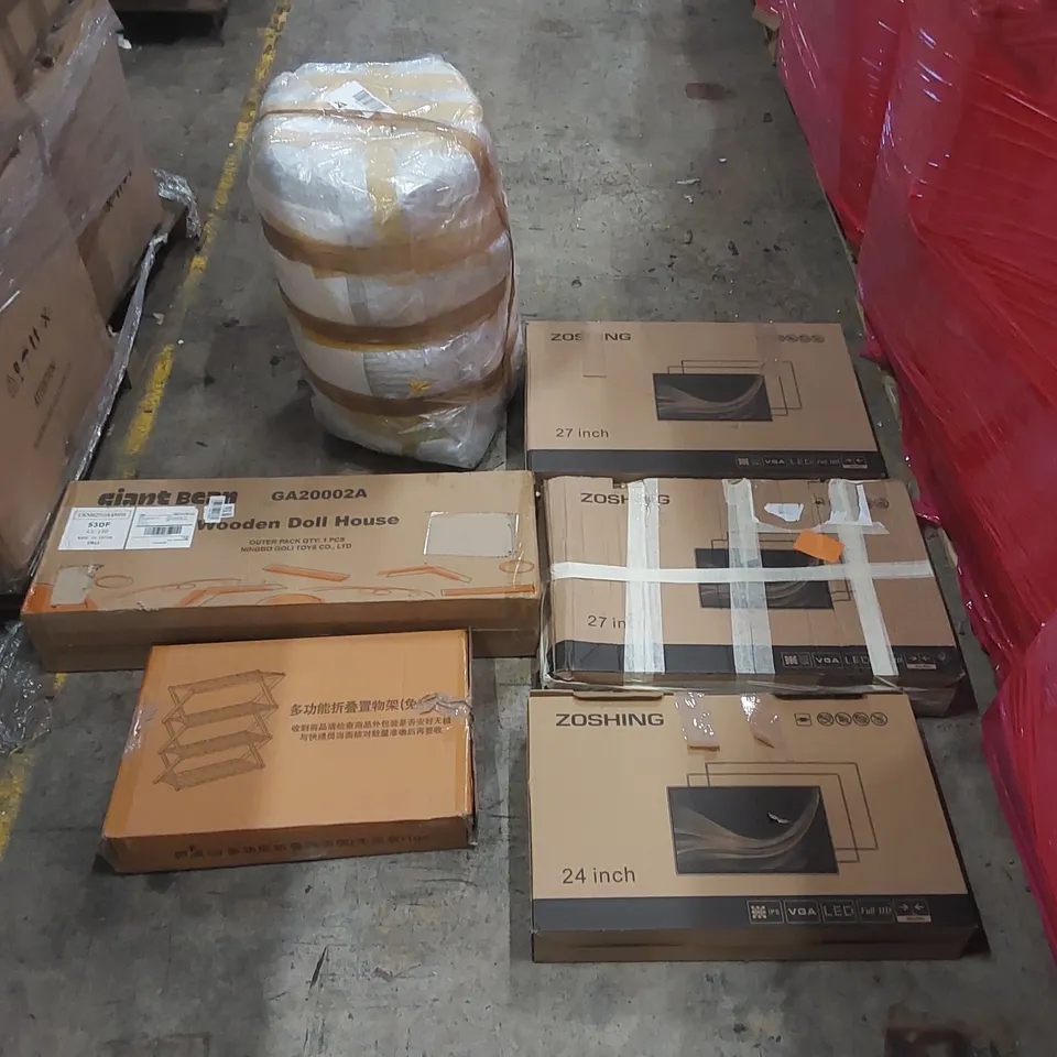 PALLET OF ASSORTED ITEMS INCLUDING: HD MONITORS, WOODEN DOLL HOUSE, MATTRESS/TOPPER (UNSPECIFIED), SHELVES ECT