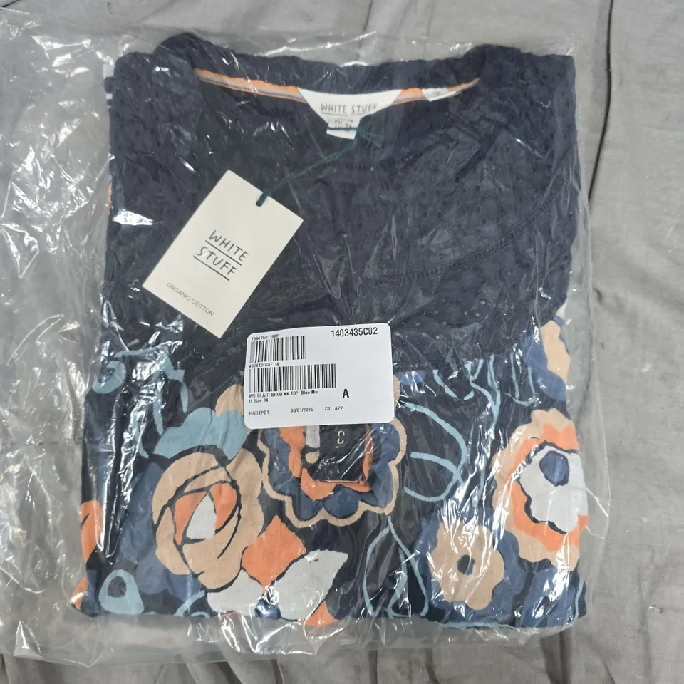 BAGGED WHITE STUFF BLAIR BRODERIE NECK TOP IN BLUE MULTI - SIZE 14