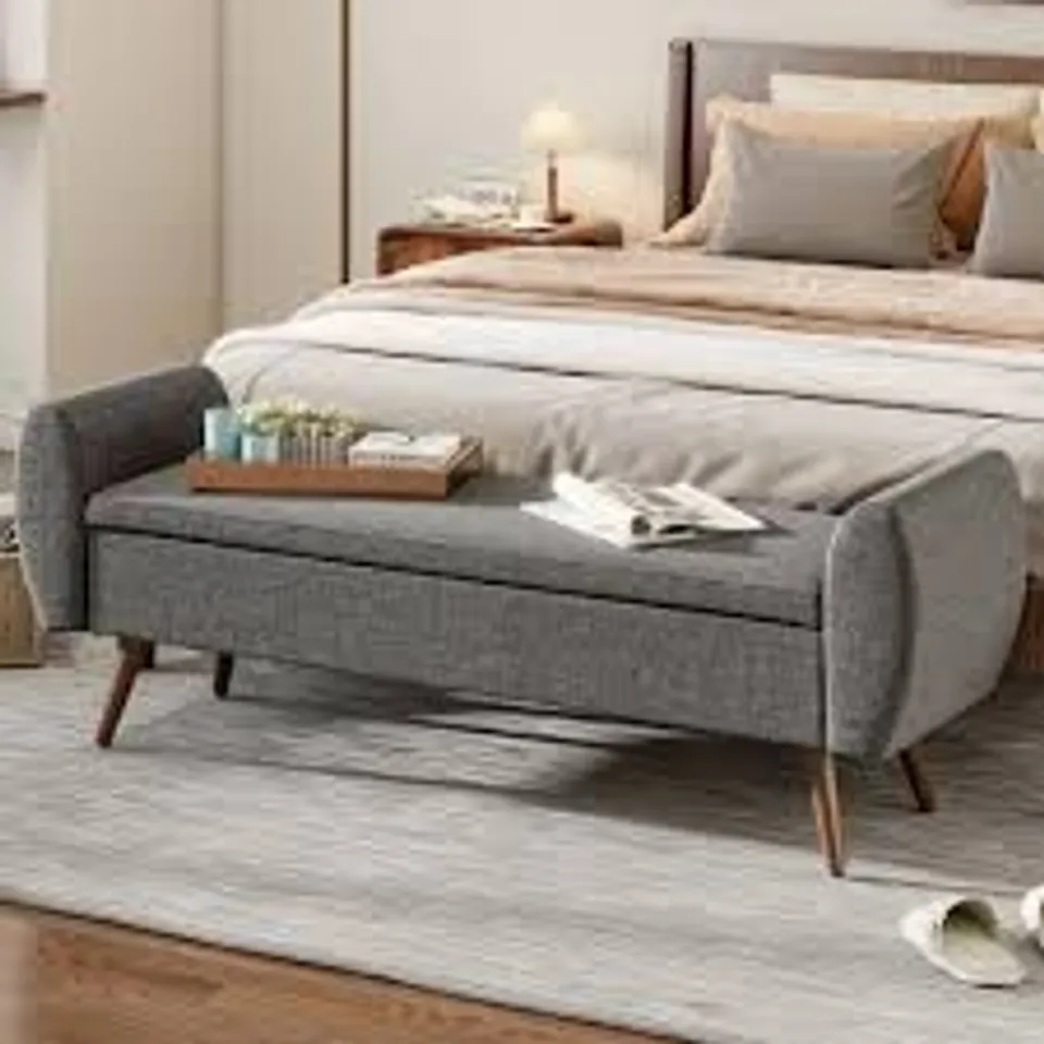 BOXED LIVING AND HOME GREY LINEN UPHOLSTERED STORAGE BENCH (1 BOX)