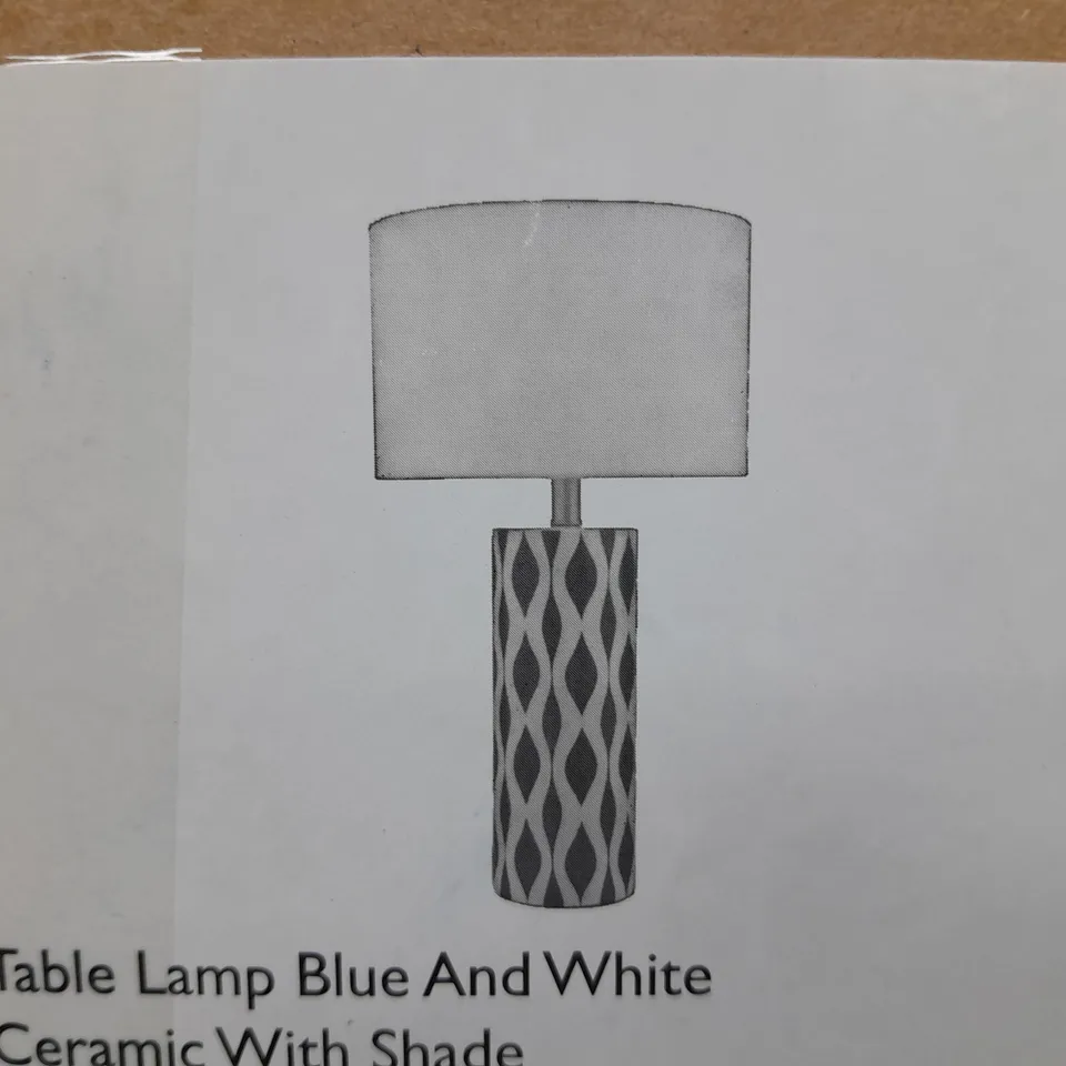 BOXED DAR LIGHTING WEYLIN TABLE LAMP BLUE AND WHITE CERAMIC WITH SHADE 