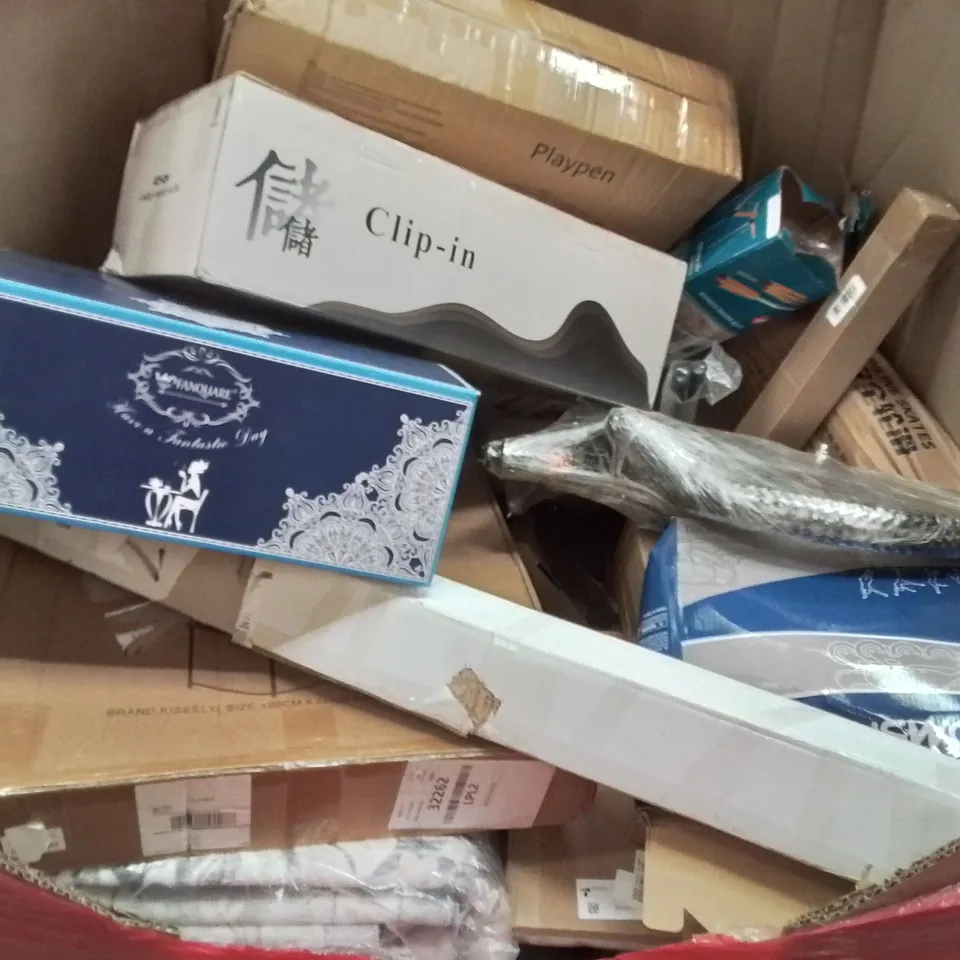 PALLET CONTAINING VARIOUS ASSORTED BOXED HOUSEHOLD ITEMS TO INCLUDE: KIDS PUSHBIKE, MULTIGYM, KIDS PLAYPEN AND LOTS MORE UNMARKED BOXED ITEMS 