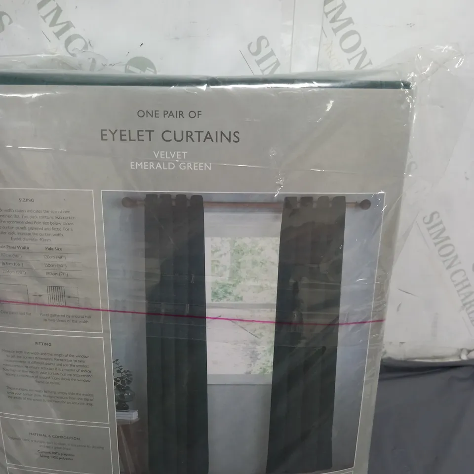 JOHN LEWIS ONE PAIR OF EYELET CURTAINS VELVET EMERALD GREEN 167CM BY 137CM 