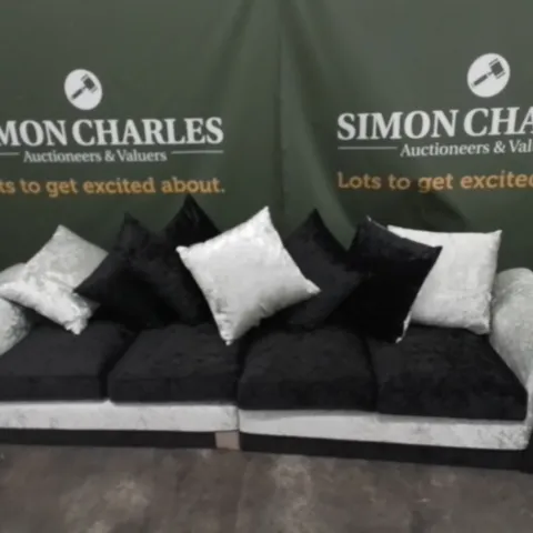DESIGNER SILVER AND BLACK FABRIC FOUR SEATER SOFA WITH SCATTER BACK CUSHIONS