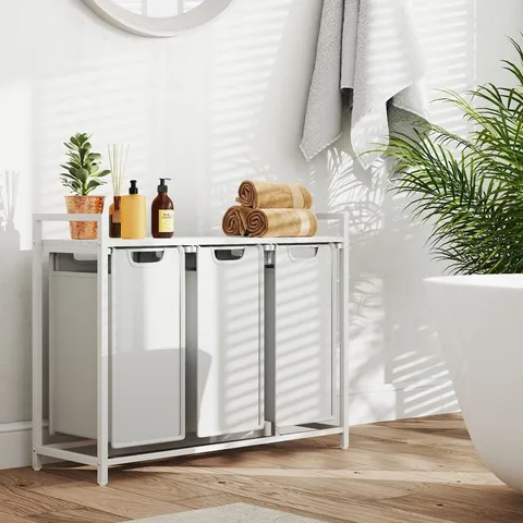 BOXED VASAGLE 3-SECTION LAUNDRY HAMPER WITH REMOVABLE BAGS - WHITE