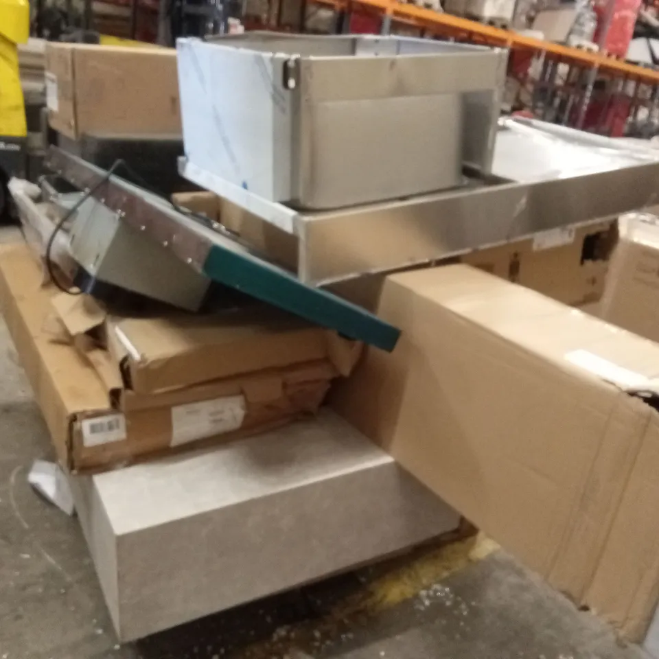 PALLET OF ASSORTED HOUSEHOLD GOODS AND PRODUCTS TO INCLUDE;MEDIA FIRE PLACES, STAINLESS STEEL SINK,OUTDOOR SHOWER
