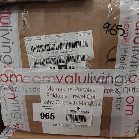 BOXED MAMAKIDS PORTABLE FOLDABLE TRAVEL COT BABY CRIB WITH MATTRESS AND TOYS GREY
