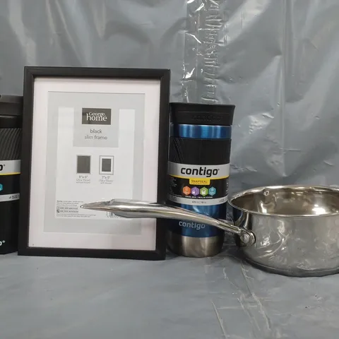 BOX OF APPROXIMATELY 15 ASSORTED HOUSEHOLD ITEMS TO INCLUDE STAINLESS STEEL PAN, CONTIGO THERMAL MUG, SLIM BLACK PHOTO FRAME, ETC - COLLECTION ONLY