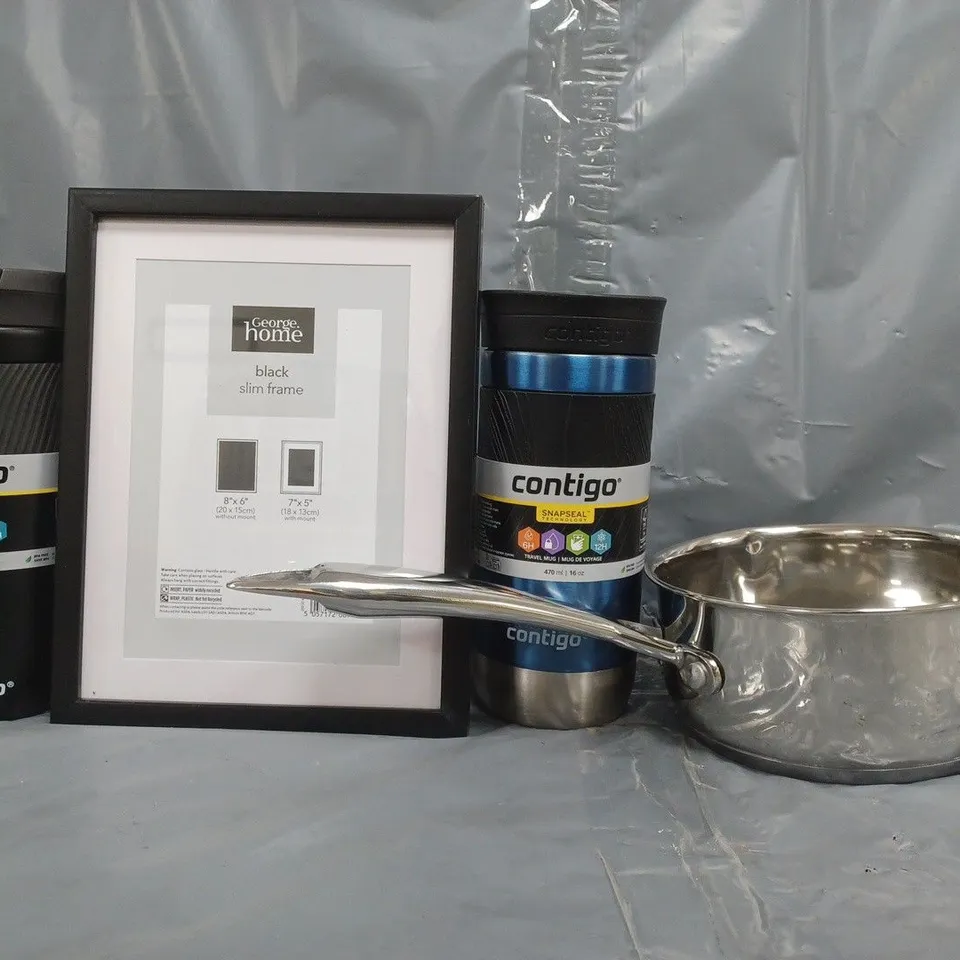BOX OF APPROXIMATELY 15 ASSORTED HOUSEHOLD ITEMS TO INCLUDE STAINLESS STEEL PAN, CONTIGO THERMAL MUG, SLIM BLACK PHOTO FRAME, ETC - COLLECTION ONLY