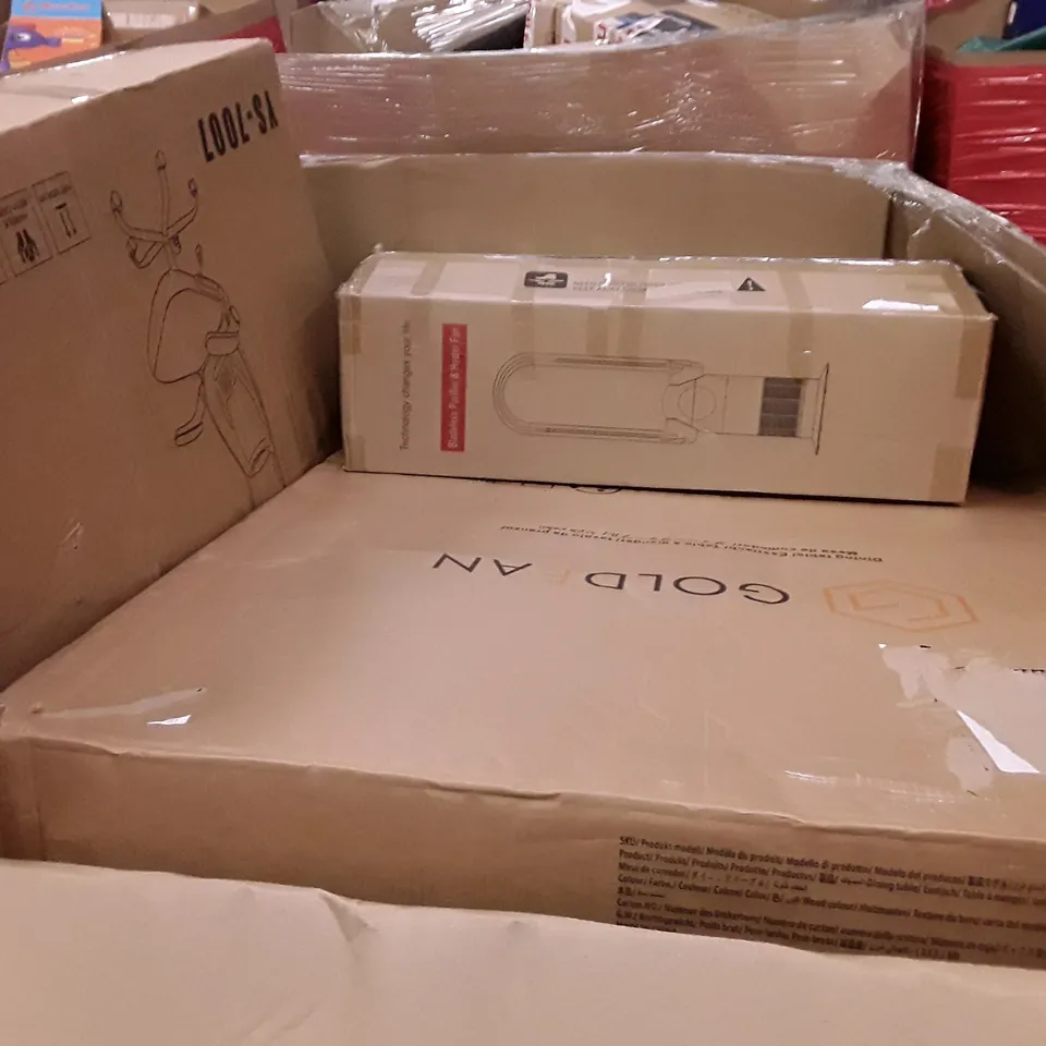 PALLET OF ASSORTED PRODUCTS INCLUDING BLADELESS PURIFIER & HEATER FAN, BED FRAME, WALL MIRROR, METAL TOWEL RACK, OFFICE CHAIR