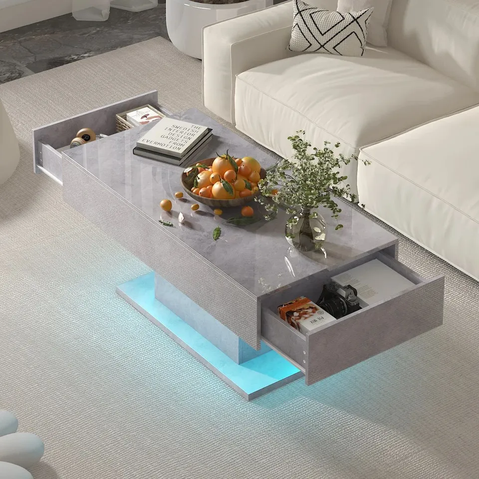 BOXED METRO LANE LED COFFEE TABLE HIGH GLOSS COFFEE TABLE WITH 2 DRAWERS - GREY (1 BOX)