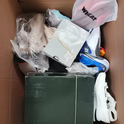 BOX OF APPROXIMATELY 10 PAIRS OF ASSORTED SHOES IN VARIOUS COLOUR, STYLES AND SIZES