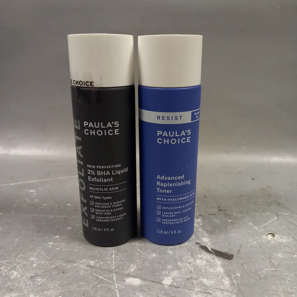 PAULA'S CHOICE LOT OF 2 ASSORTED SKINCARE PRODUCTS TO INCLUDE - 2% BHA LIQUID EXFOLIANT - ADVANCED REPLENISHING TONER