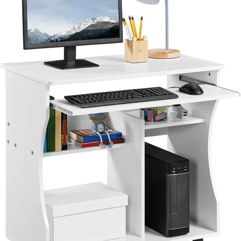 BOXED YAHEETECH WOOD ROLLING SMALL COMPUTER DESK PC LAPTOP TABLE WITH KEYBOARD TRAY AND STORAGE SHELVES ON WHEELS MOVABLE, WHITE DESK 80X48X76CM