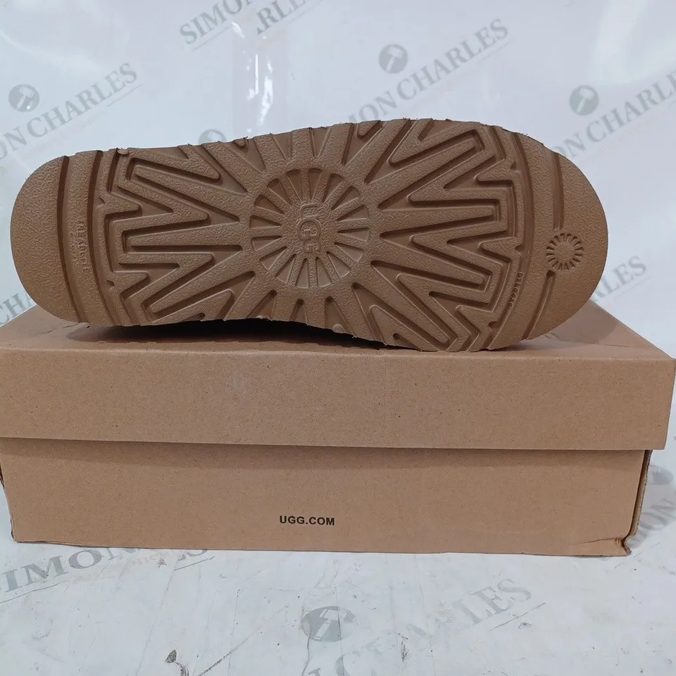 BOXED PAIR OF UGG SLIP-ON PLATFORM SHOES IN TAN UK SIZE 5