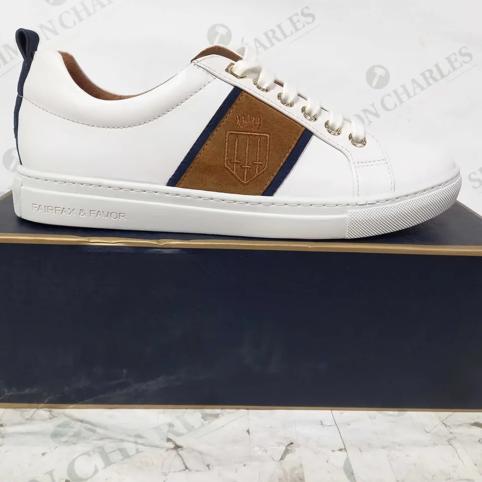 BOXED PAIR OF FAIRFAX & FAVOR CANNES TRAINERS IN WHITE/TAN/NAVY UK SIZE 7