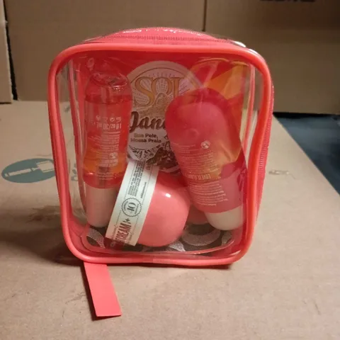 SOL DE JANEIRO BOM DIA BRIGHT JET SET TRAVEL KIT – ORANGE ZIP COSMETIC BAG WITH MINI BODY CARE BOTTLES