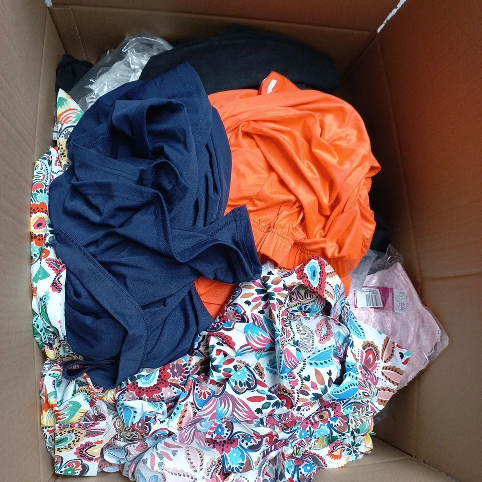 LARGE BOX OF APPROXIMATELY 25 ASSORTED CLOTHING ITEMS IN VARIOUS COLOURS, STYLES AND SIZES - COLLECTION ONLY