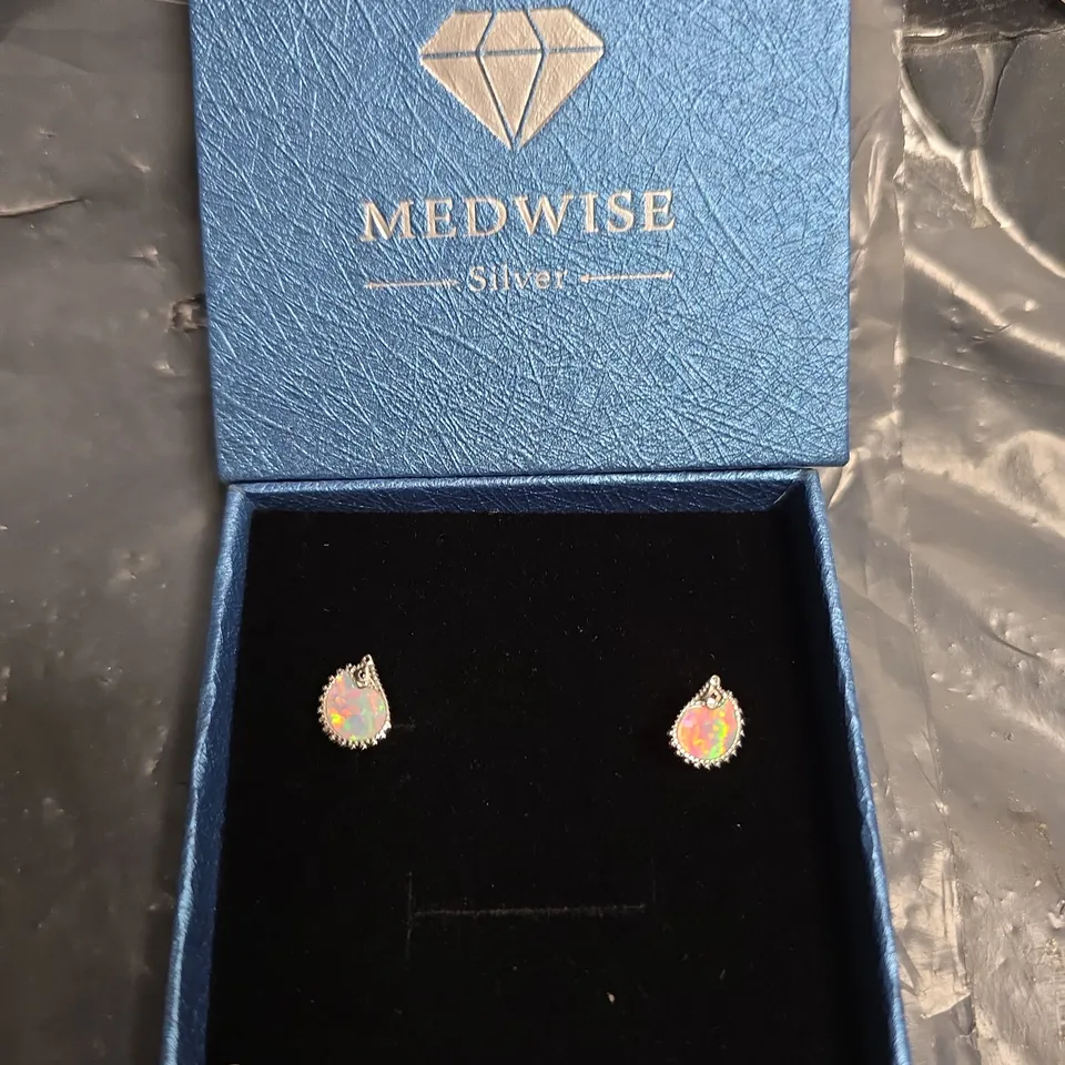 MEDWISE SILVER TEARDROP OPAL-LIKE EARRINGS IN BLUE BOX