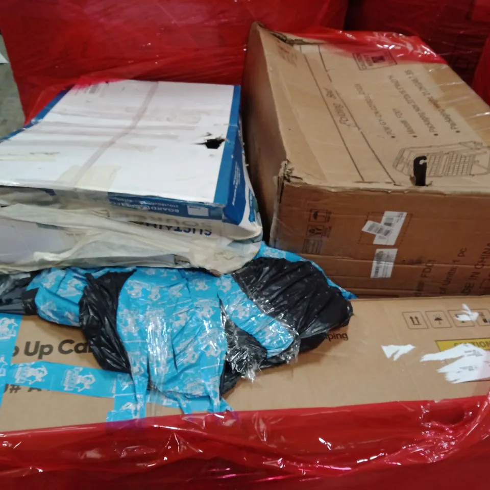 PALLET OF ASSORTED HOUSEHOLD GOODS AND PRODUCTS TO INCLUDE;FOLDING BED,POPUP CANOPY,ETC