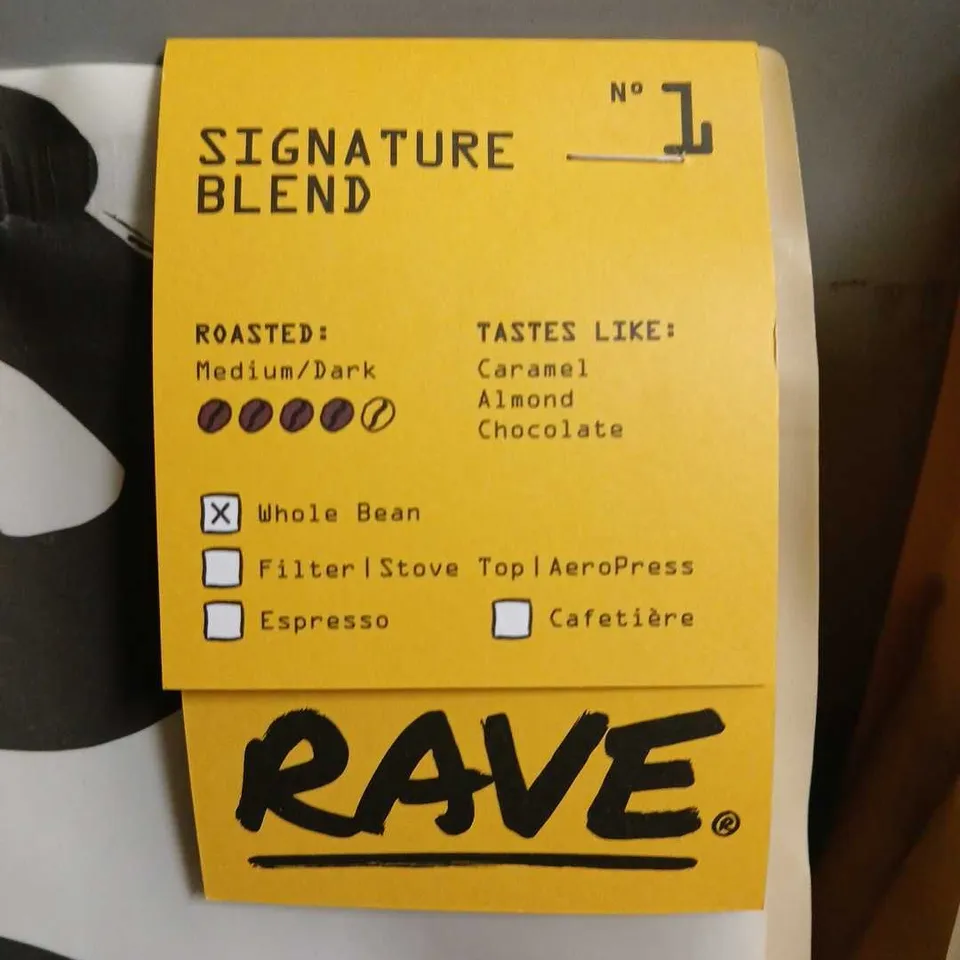 LOT OF 2 1KG BAGS OF RAVE SIGNATURE BLEND WHOLE COFFEE BEANS