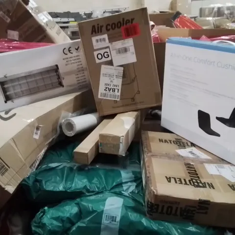 PALLET CONTAINING VARIOUS ASSORTED BOXED HOUSEHOLD ITEMS TO INCLUDE: INSECT ZAPPER, AIR COOLER, ALL-IN-ONE COMFORT CUSHION AND LOTS MORE UNMARKED BOXED ITEMS