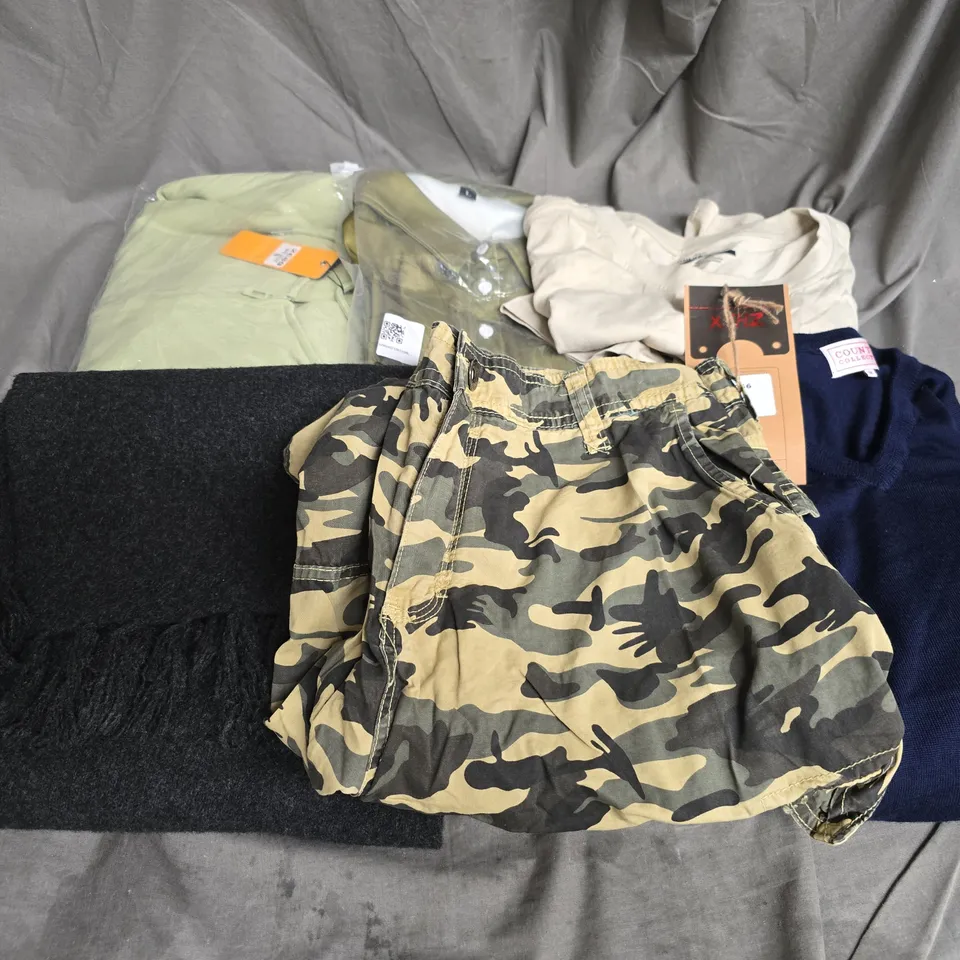 BOX OF APPROXIMATELY 20 ASSORTED CLOTHING ITEMS TO INCLUDE SWEATER, SCARF, SHORTS, ETC