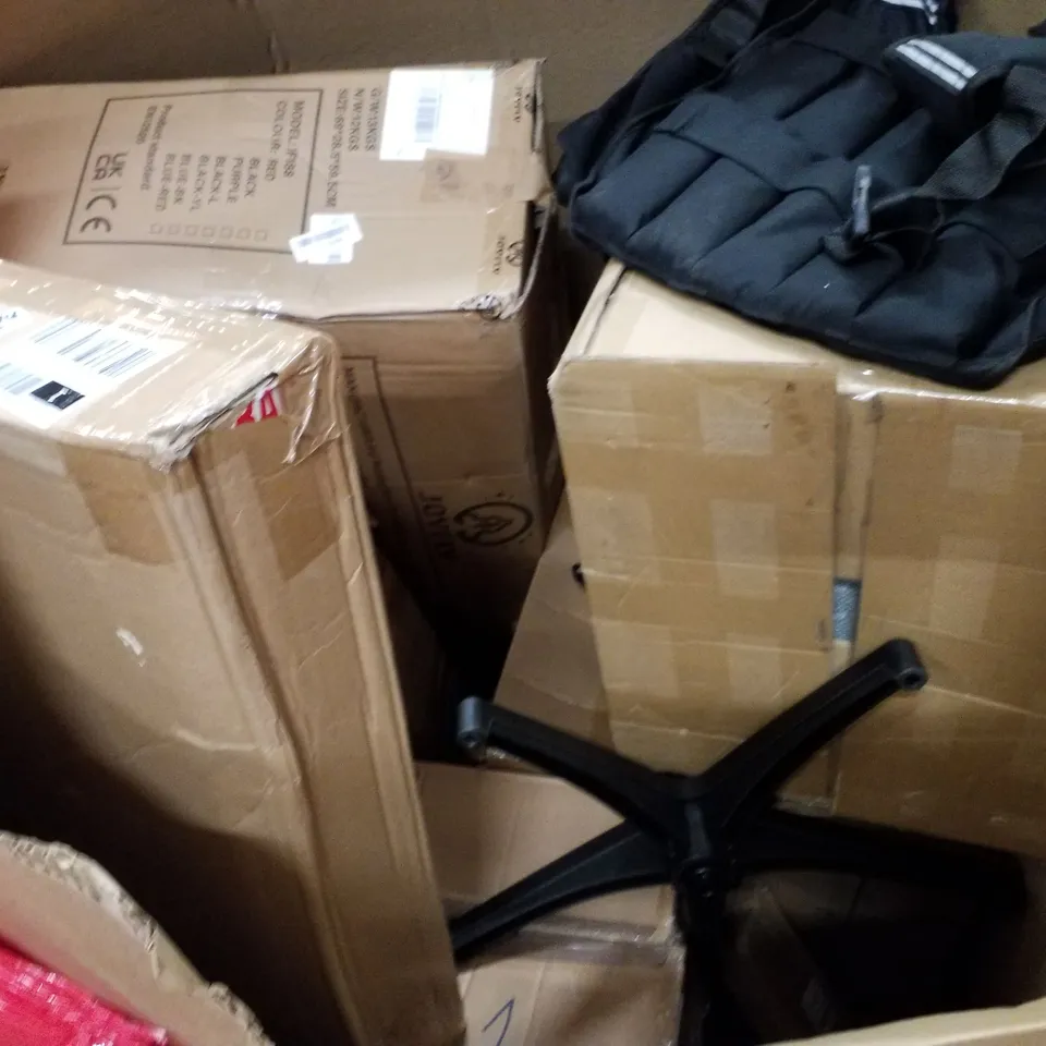 PALLET OF ASSORTED PRODUCTS INCLUDING OFFICE CHAIR, WEIGHTED VEST, REAR BUMPER 