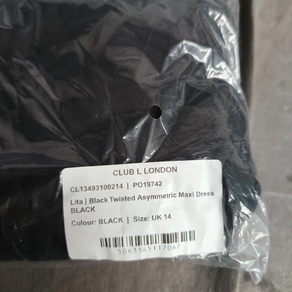 CLUB L LONDON LITA BLACK TWISTED ASYMMETRIC MAXI DRESS, UK 14