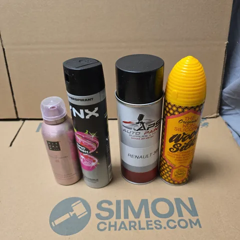 TOTE OF APPROXIMATELY 15 ASSORTED AEROSOL PRODUCTS TO INCLUDE LYNX, THE RITUAL OF SAKURA, AUTO PAINT RENAULT 369, WOOD SILK ETC